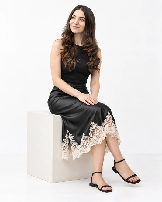 Lace-Hem Satin Midi Skirt — Black-Ivory-Lace — ANI styled