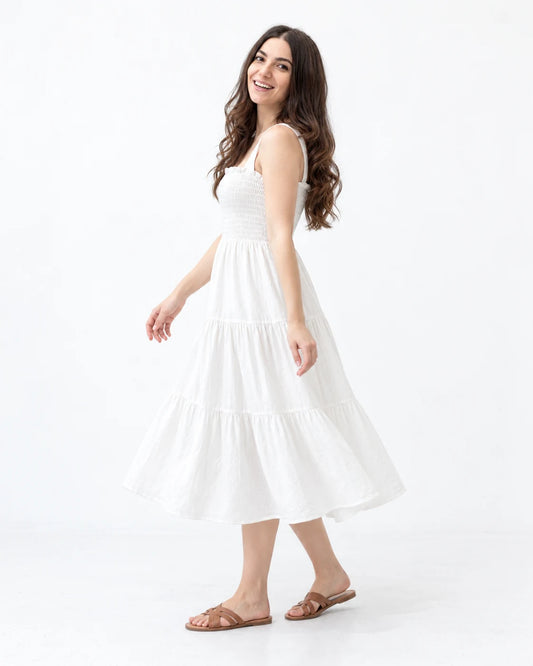 Shirred-Bodice Midi Dress — White — ANI styled