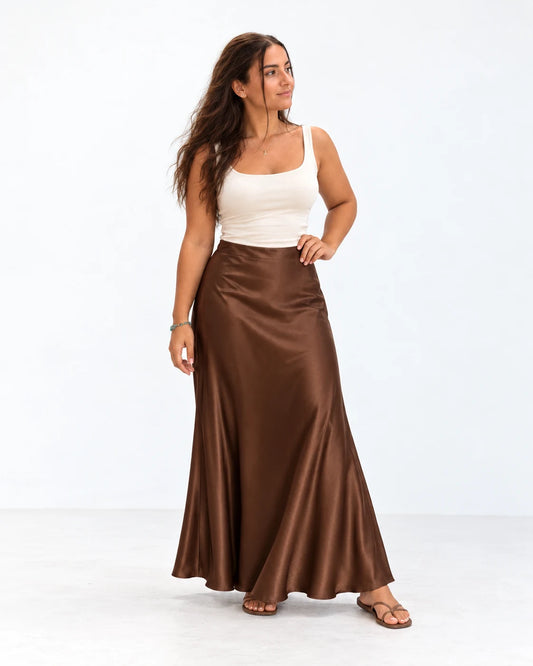 Clean Bias Satin Maxi Skirt — Brown — VARD studio