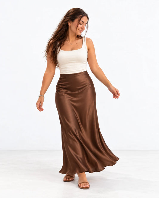 Clean Bias Satin Maxi Skirt — Brown — VARD styled