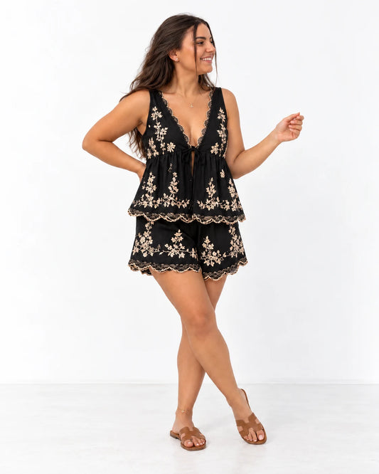 Embroidered Top & Shorts Set — Black-Ivory-Embroidery — VARD styled