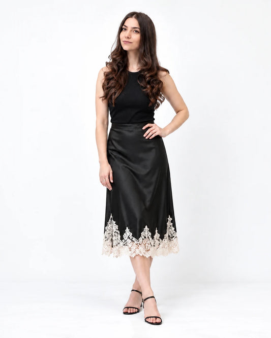 Lace-Hem Satin Midi Skirt — Black-Ivory-Lace — ANI studio