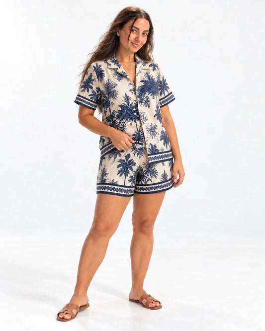 Printed Shirt & Shorts Set — Cream-Navy — VARD studio