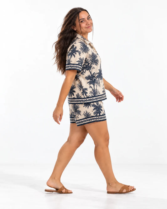 Printed Shirt & Shorts Set — Cream-Navy — VARD styled