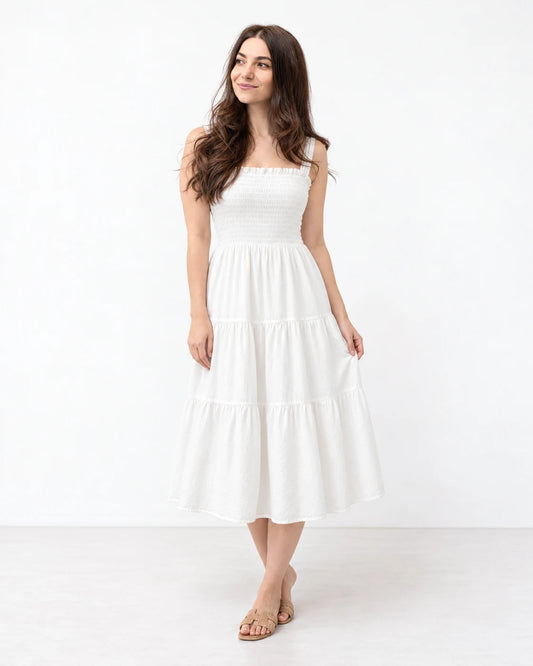 Shirred-Bodice Midi Dress — White — ANI studio