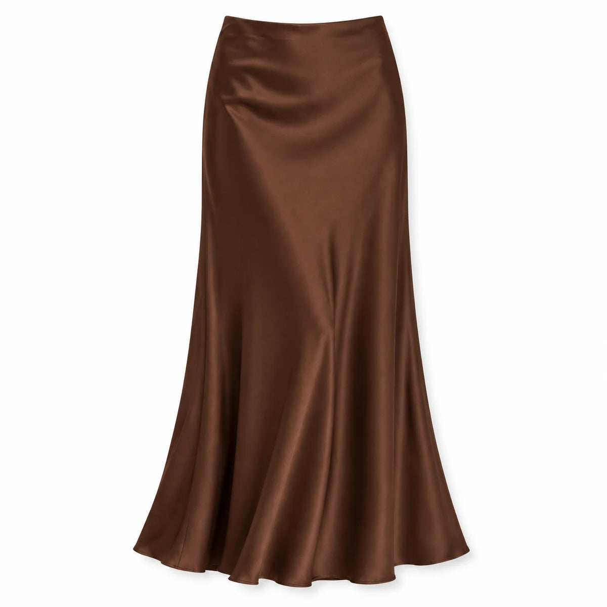 Clean Bias Satin Maxi Skirt — Brown — product; AI reference visualization