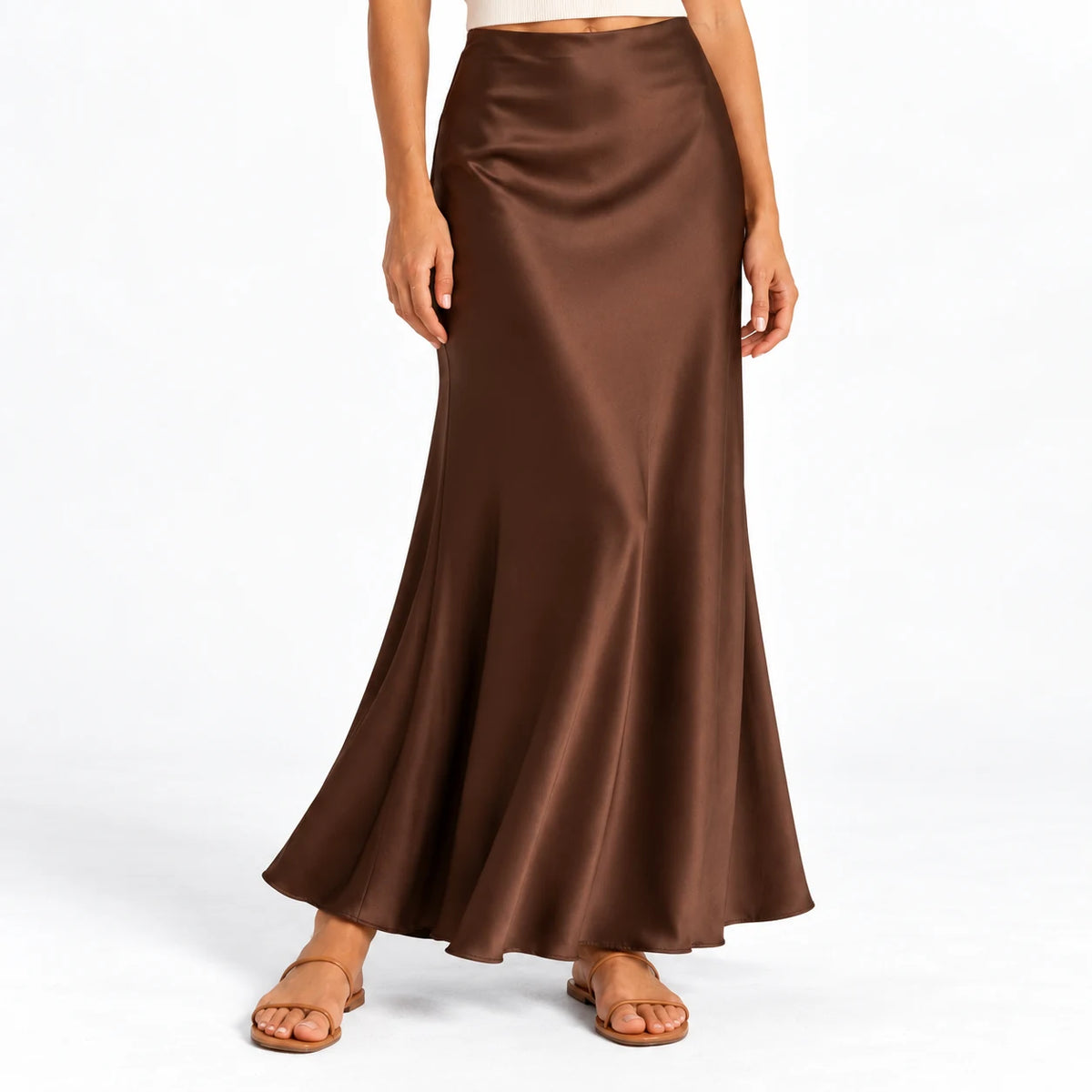Clean Bias Satin Maxi Skirt — Brown — detail; AI reference visualization