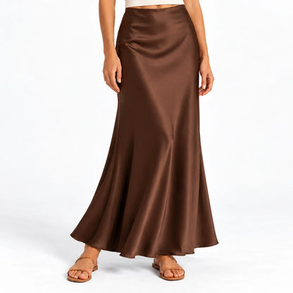Clean Bias Satin Maxi Skirt — Brown — detail; AI reference visualization