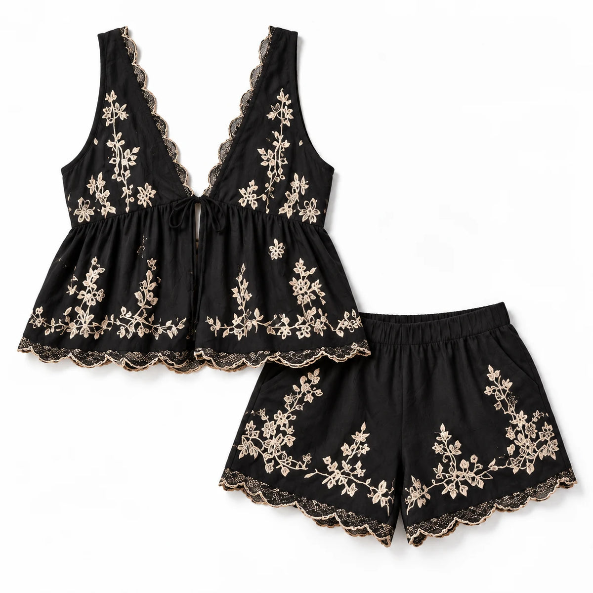 Embroidered Top & Shorts Set — Black-Ivory-Embroidery — product; AI reference visualization