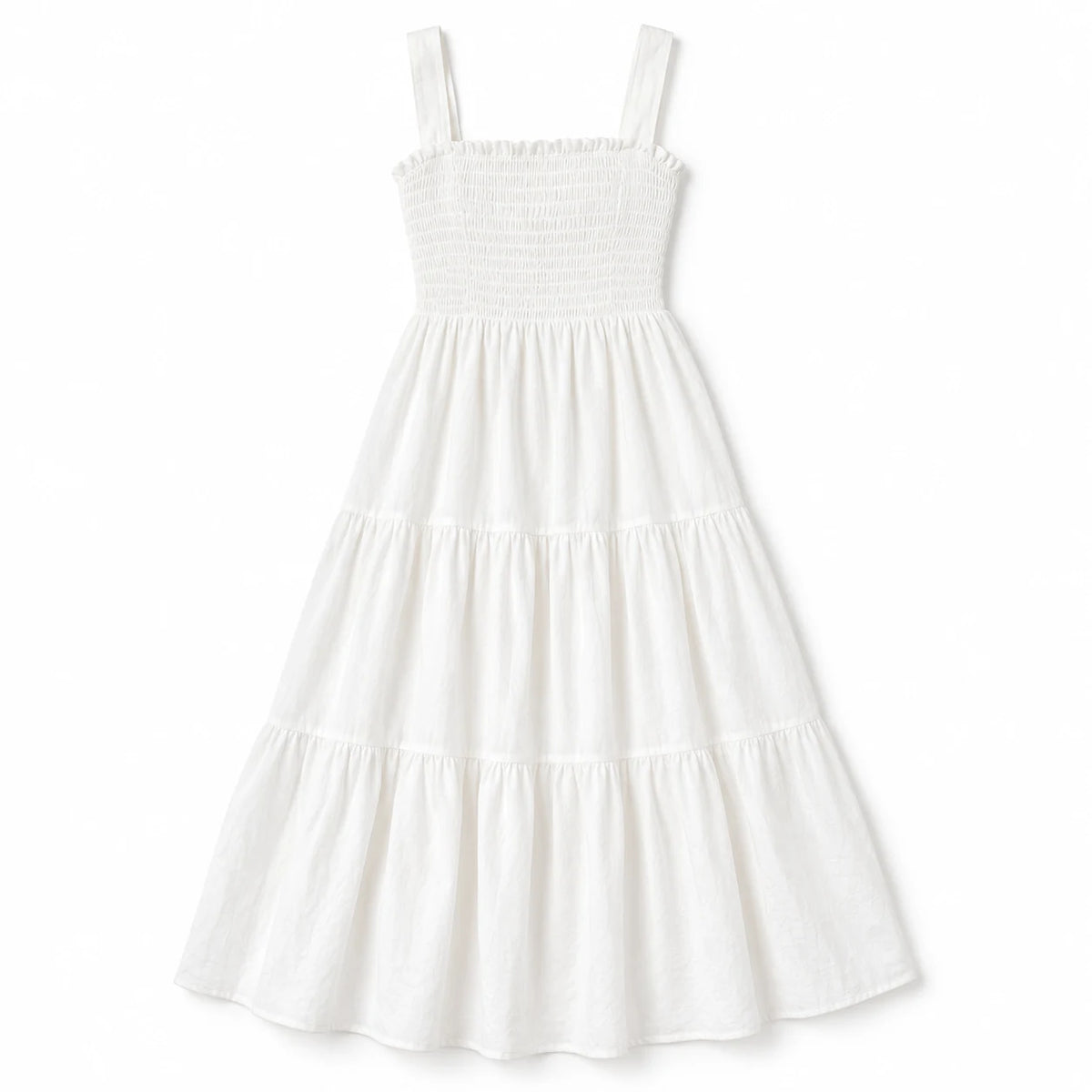 Shirred-Bodice Midi Dress — White — product; AI reference visualization