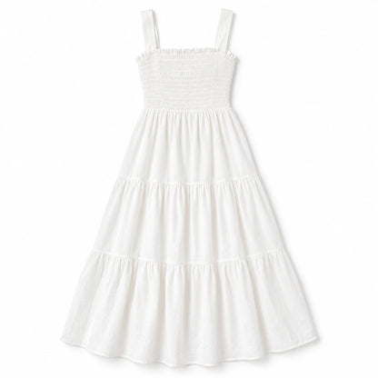 Shirred-Bodice Midi Dress — White — product; AI reference visualization