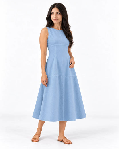 A-Line Midi Dress — Blue — studio-color; reference-based AI visualization