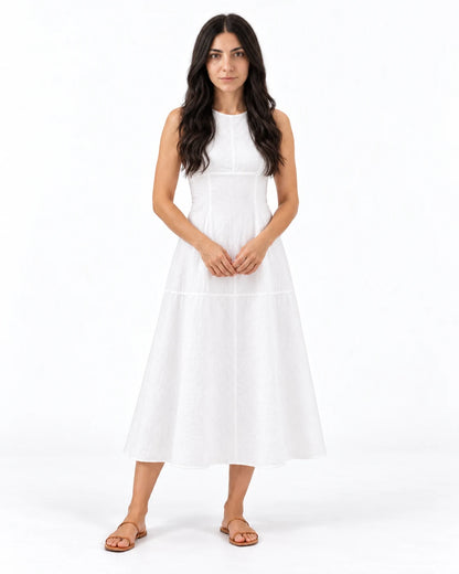 A-Line Midi Dress — White — studio; reference-based AI visualization