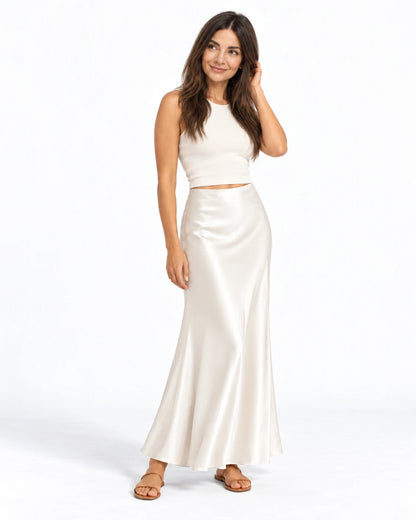 Clean Bias Satin Maxi Skirt — White — studio-color; reference-based AI visualization