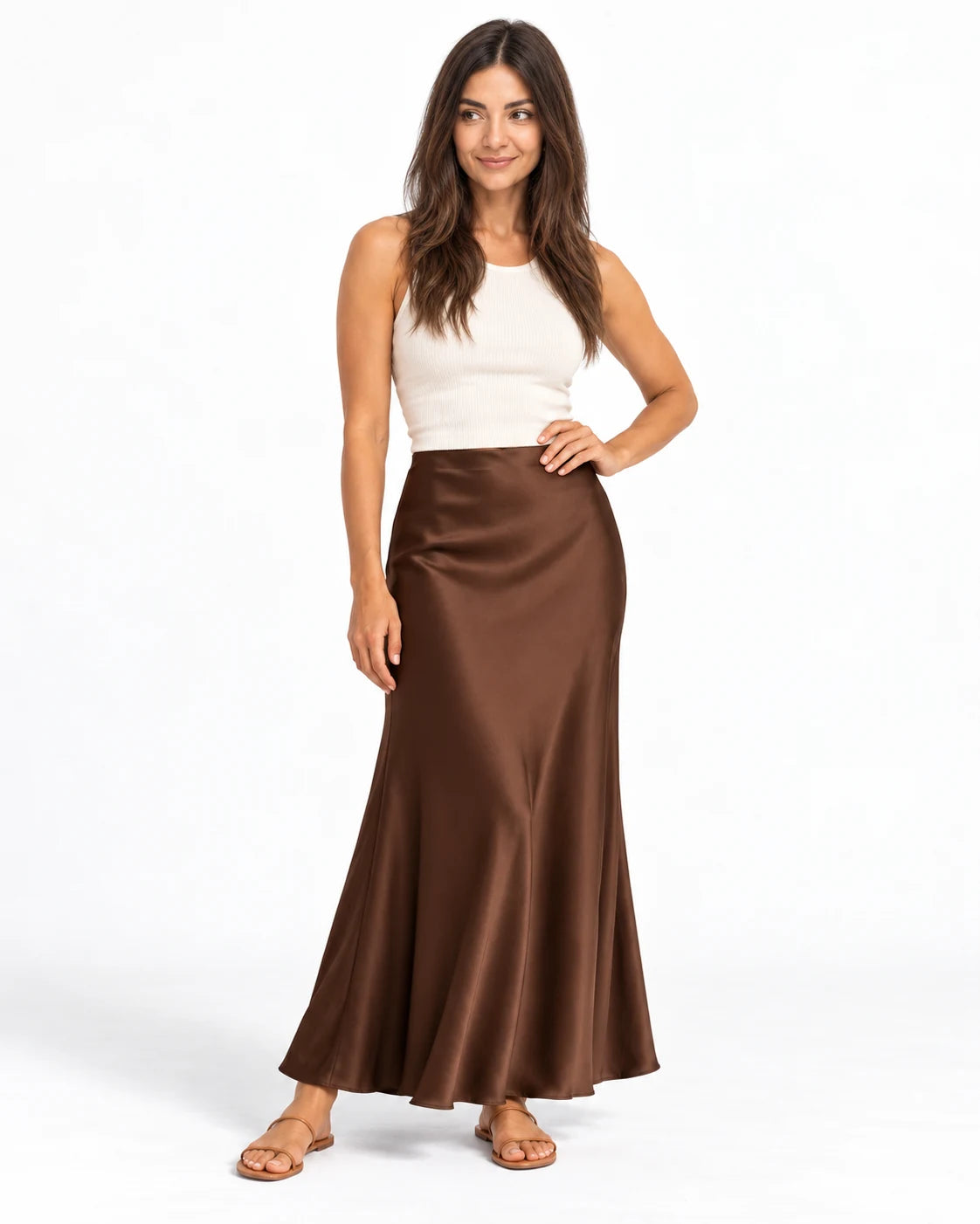 Clean Bias Satin Maxi Skirt — Brown — studio; reference-based AI visualization