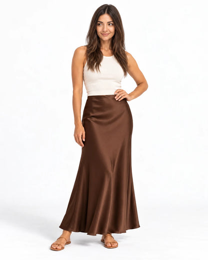 Clean Bias Satin Maxi Skirt — Brown — studio; reference-based AI visualization