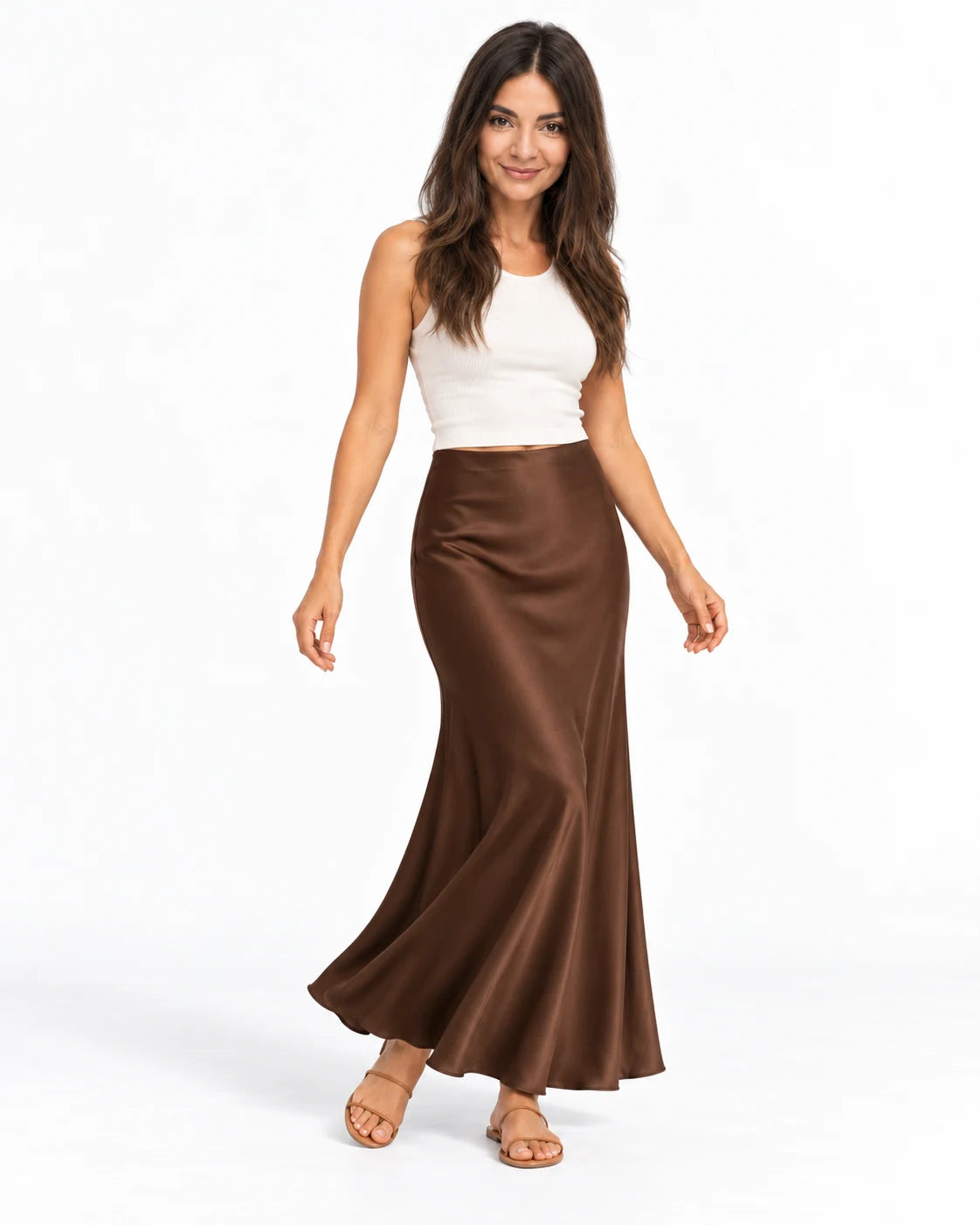 Clean Bias Satin Maxi Skirt — Brown — styled; reference-based AI visualization