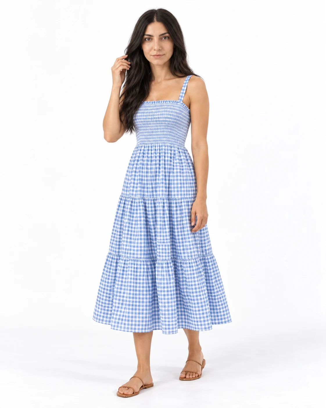 Shirred-Bodice Midi Dress — Blue-Check — studio-color; reference-based AI visualization