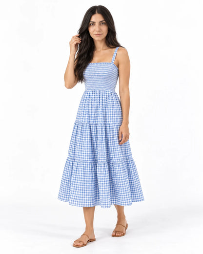Shirred-Bodice Midi Dress — Blue-Check — studio-color; reference-based AI visualization