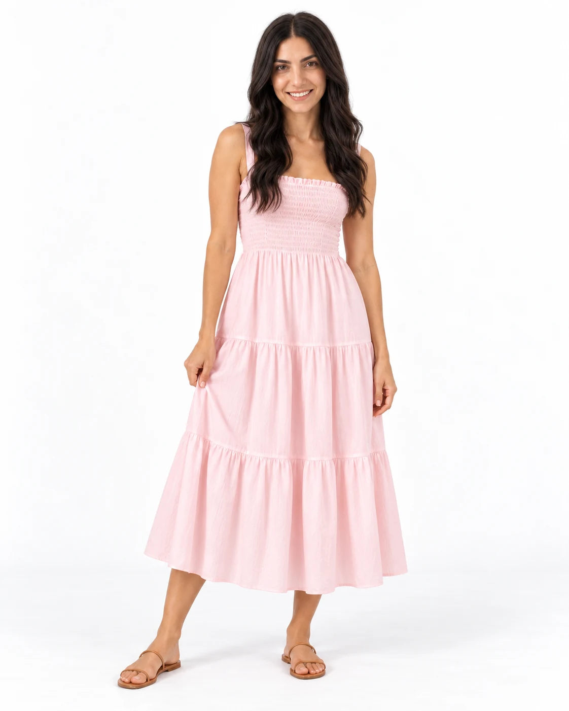 Shirred-Bodice Midi Dress — Pink — studio-color; reference-based AI visualization