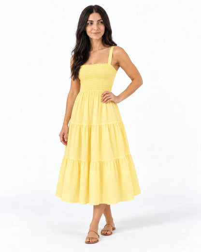 Shirred-Bodice Midi Dress — Yellow — studio-color; reference-based AI visualization