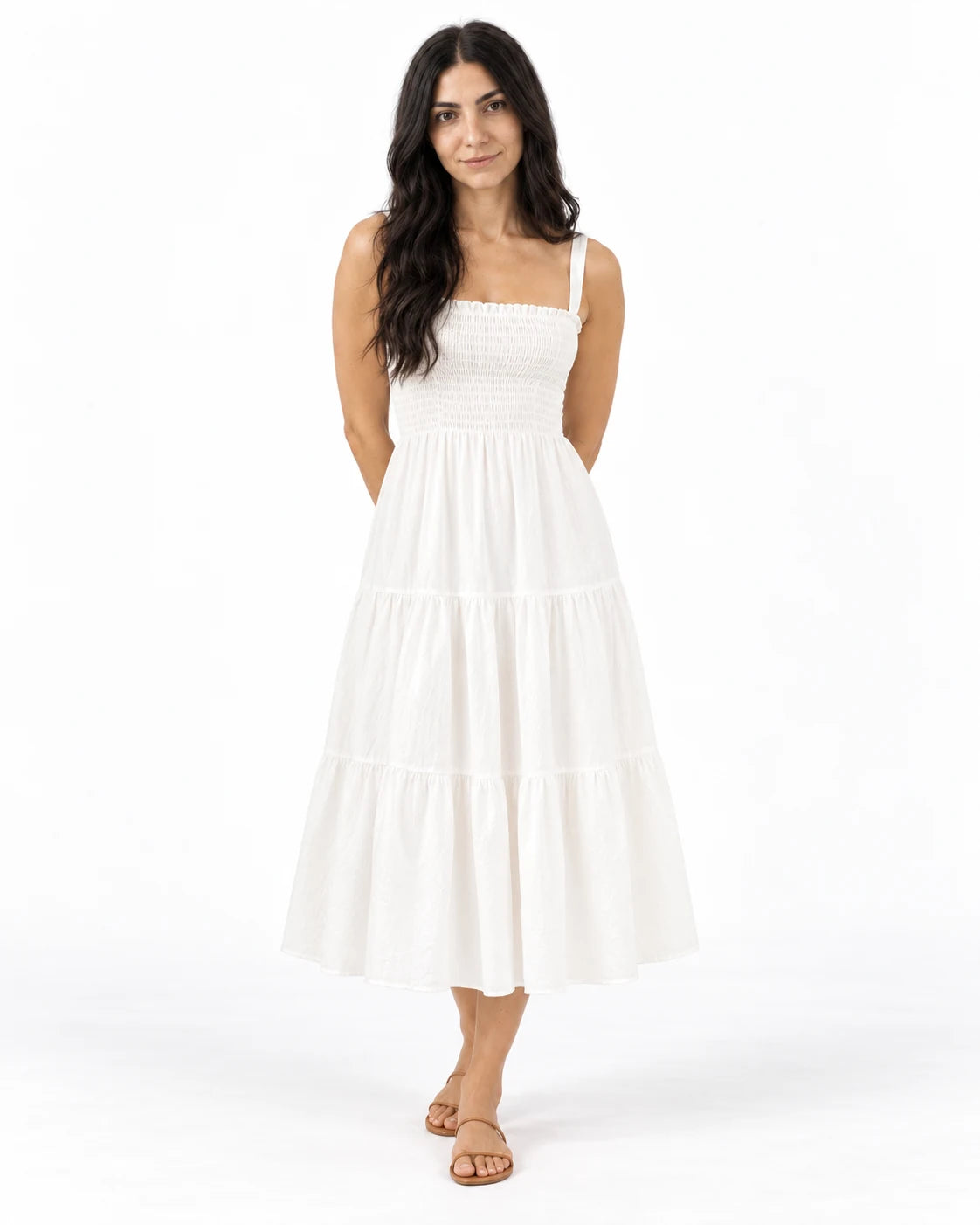 Shirred-Bodice Midi Dress — White — studio; reference-based AI visualization