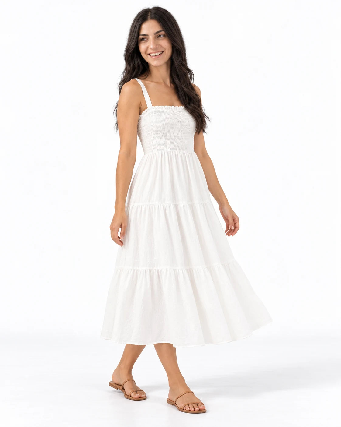 Shirred-Bodice Midi Dress — White — styled; reference-based AI visualization