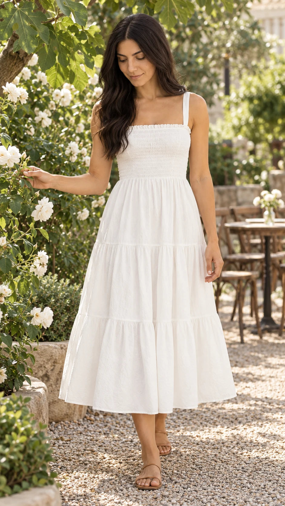 Shirred-Bodice Midi Dress — White — lifestyle; reference-based AI visualization