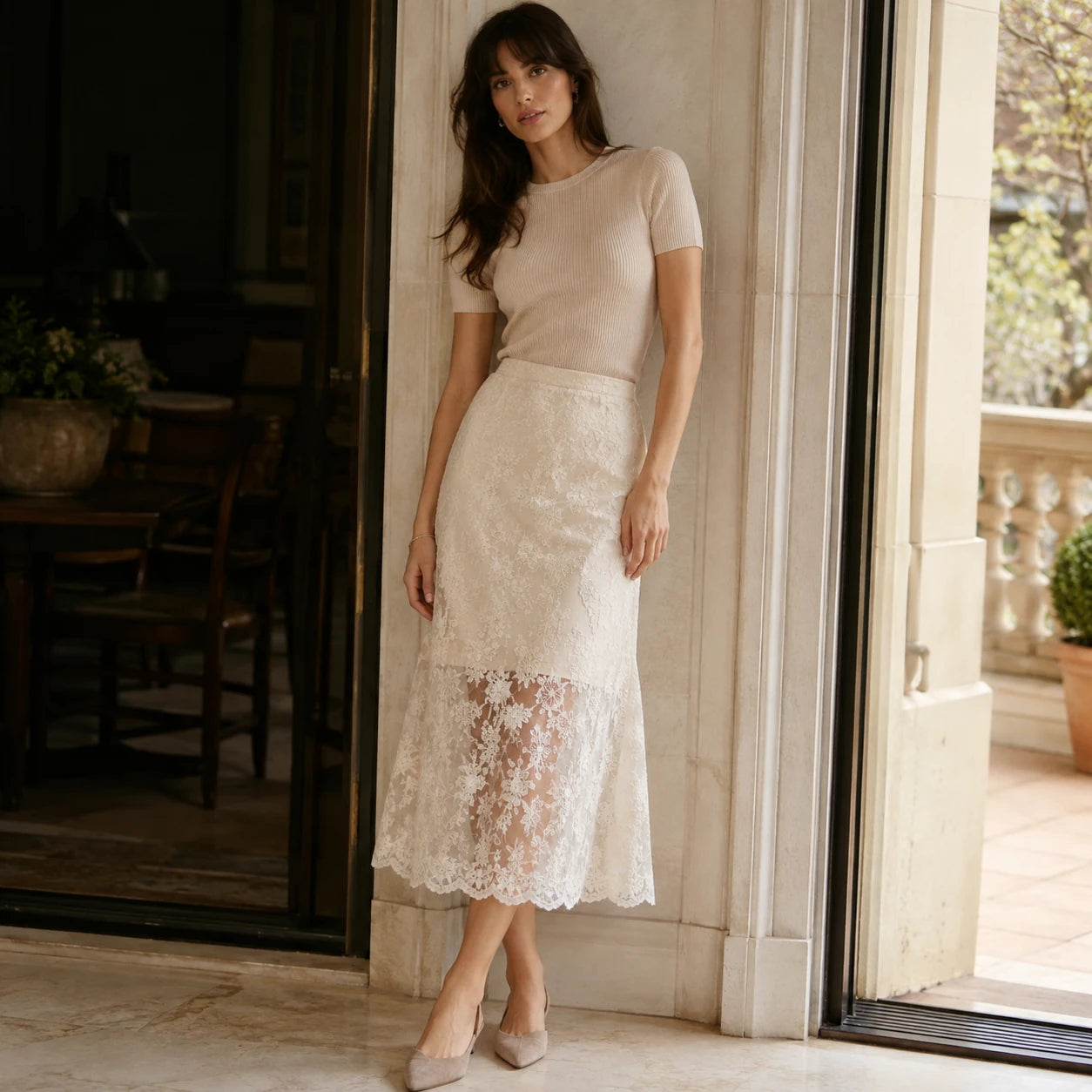 Sheer Lace Midi Skirt
