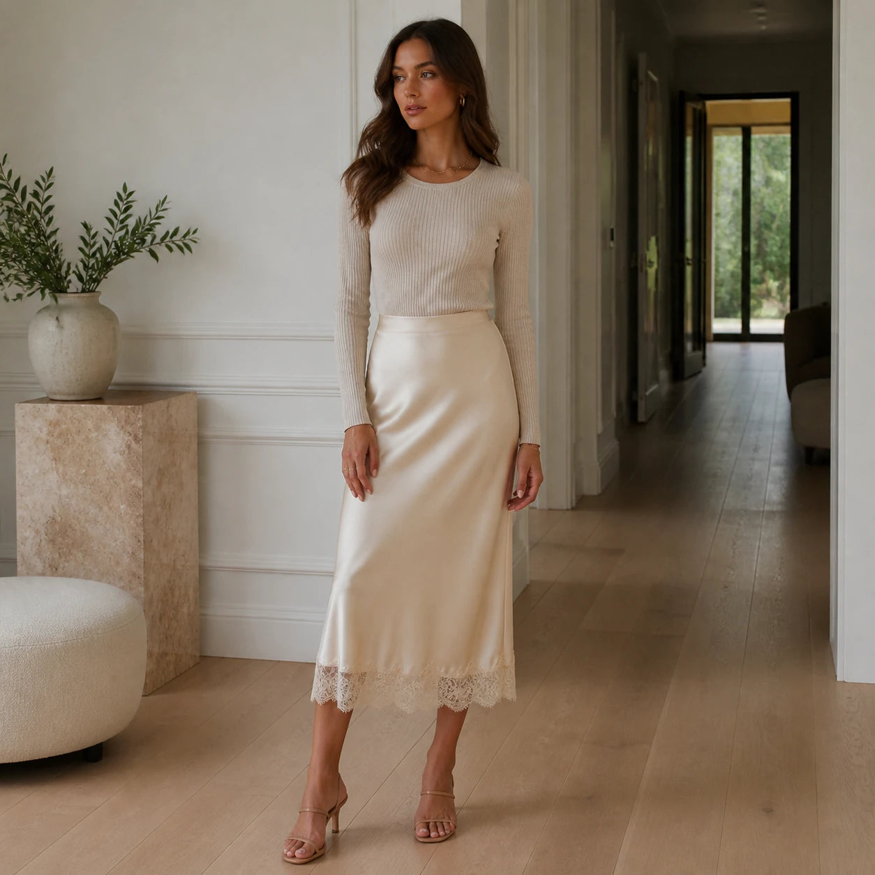 Lace-Trim Satin Midi Skirt